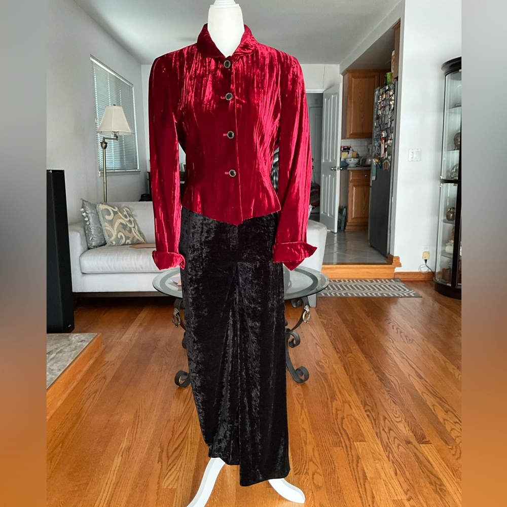 Red Velvet Jacket and Black Velvet Pants Set